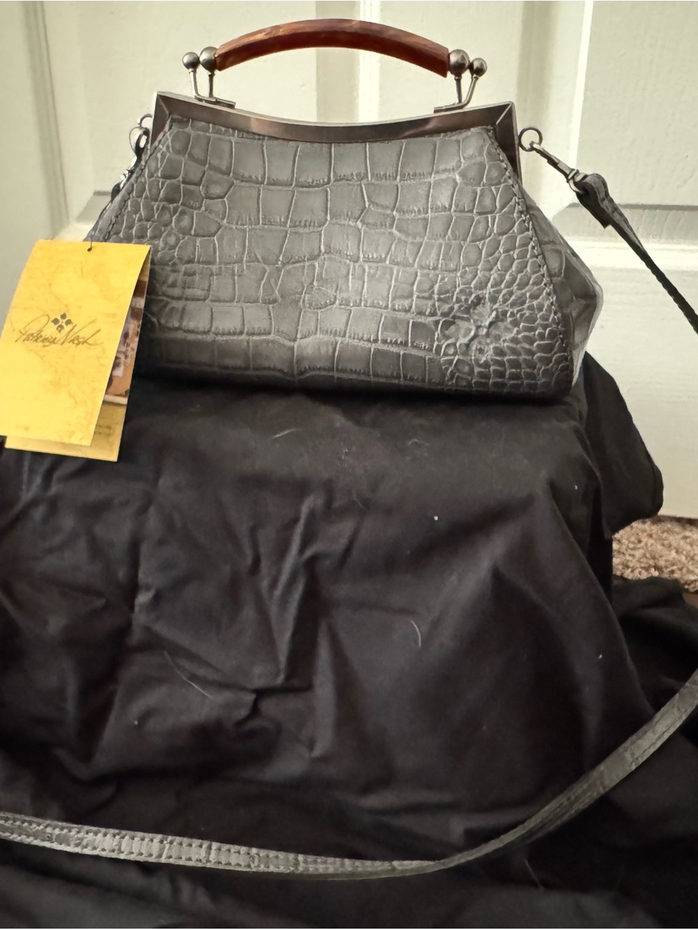 Patricia Nash Gray Croc-Embossed Top Handle Satchel with Wood Accent